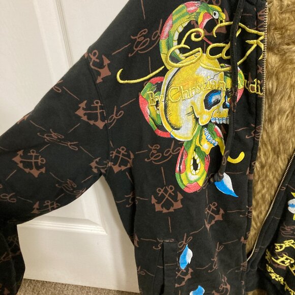 Vintage Ed Hardy Y2K Faux Fur Lined Hoodie Size Small Pre-Owned Excellent - Picture 4 of 7